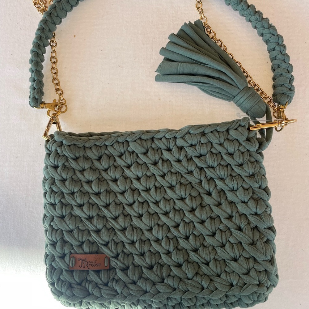 Santo Tresse Sage Green Braided Crossbody Bag 🌿 Knit Gold Chain 7x9 w/Tassel